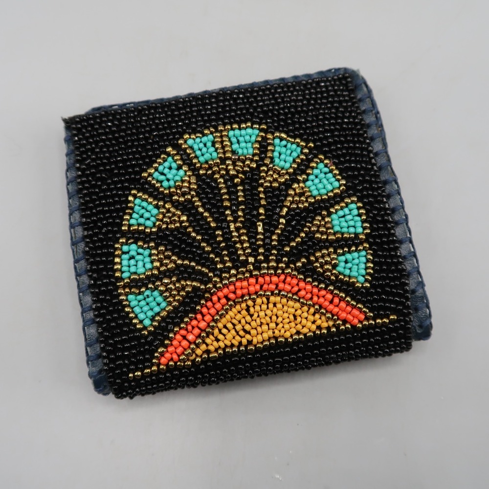 Black Beaded Wallet Bifold Floral Colorful 4"x4" Leather by .jozee in Egypt